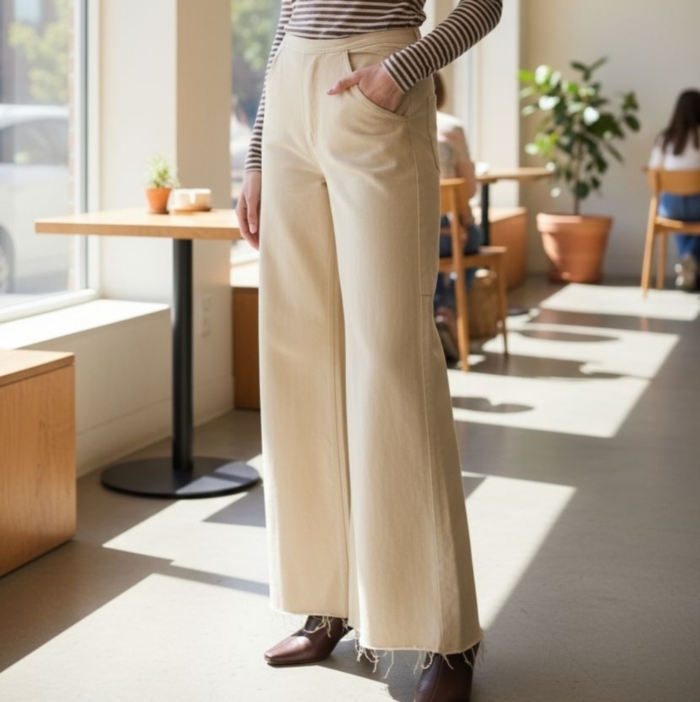 MOTHER The Main Sail Sneak Fray Cream Wide-Leg Pants Mojave Desert NEW